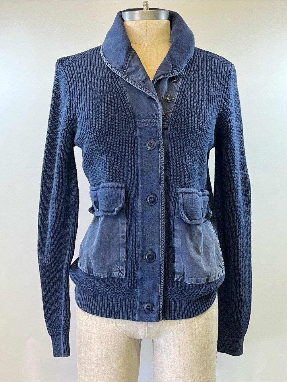 Orvis Women’s Hawker Shawl Collar Rubber Sweater Cardigan Blue Size S